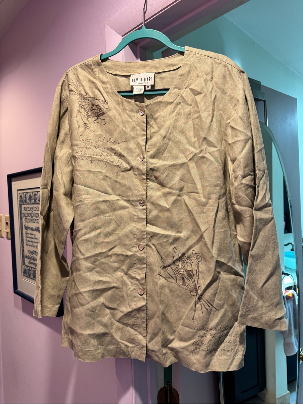 VTG! David Dart Size M Khaki Tunic with Floral Sketches
